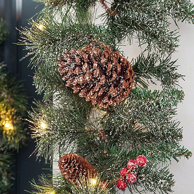 Glitzhome 9ft Prelit Christmas Garland, Glittered Garland with Pine Cones Berries Mixed Decorations