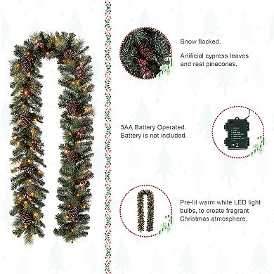 Glitzhome 9ft Prelit Christmas Garland, Glittered Garland with Pine Cones Berries Mixed Decorations
