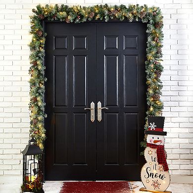 Glitzhome 9ft Prelit Christmas Garland, Glittered Garland with Pine Cones Berries Mixed Decorations