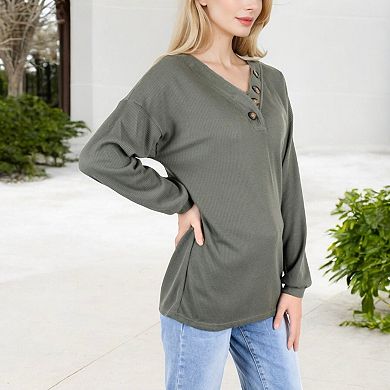 Women's Waffle Knit Button-Accent Long Sleeve Top with V-Neck