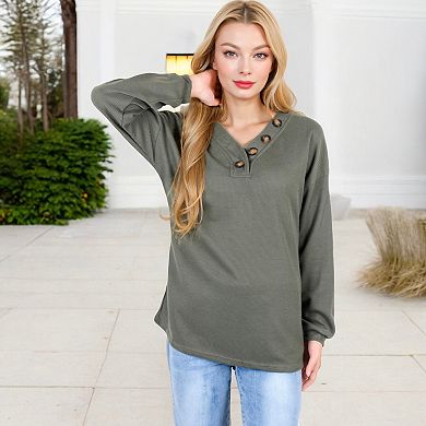 Women's Waffle Knit Button-Accent Long Sleeve Top with V-Neck