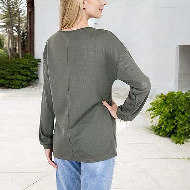Women's Waffle Knit Button-Accent Long Sleeve Top with V-Neck