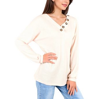 Women's Waffle Knit Button-Accent Long Sleeve Top with V-Neck