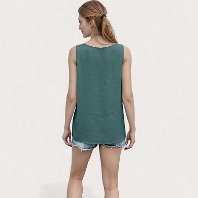 Women's Sleeveless Scoop Neck Tank Top with Keyhole Front Detail and Pleated Accents