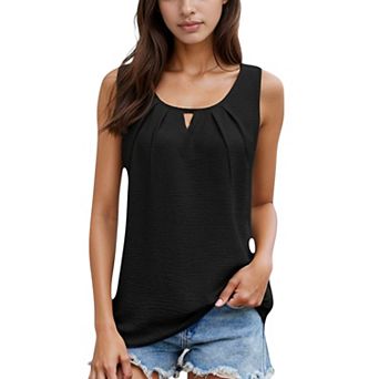 Women's Sleeveless Scoop Neck Tank Top with Keyhole Front Detail and Pleated Accents