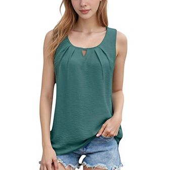 Women's Sleeveless Scoop Neck Tank Top with Keyhole Front Detail and Pleated Accents