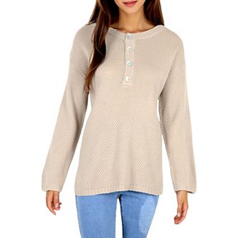 Women's Contrast Half Button Henley Down Textured Long Sleeve Sweater