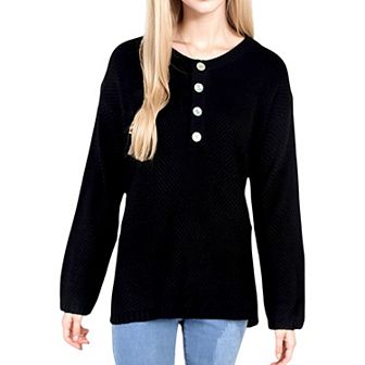 Women's Contrast Half Button Henley Down Textured Long Sleeve Sweater
