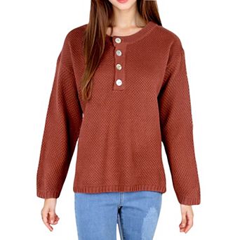 Women's Contrast Half Button Henley Down Textured Long Sleeve Sweater