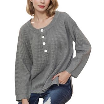 Women's Contrast Half Button Henley Down Textured Long Sleeve Sweater