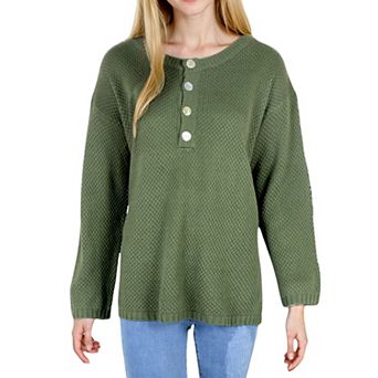 Women's Contrast Half Button Henley Down Textured Long Sleeve Sweater