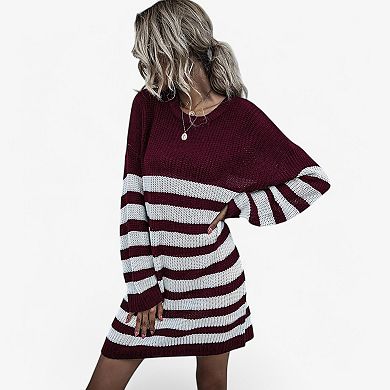 Women's Striped Long Sleeve Knit Sweater Dress with Relaxed Fit