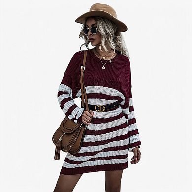 Women's Striped Long Sleeve Knit Sweater Dress with Relaxed Fit