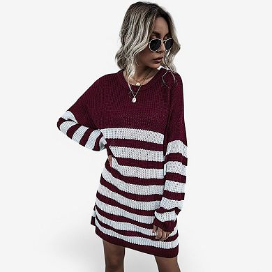 Women's Striped Long Sleeve Knit Sweater Dress with Relaxed Fit