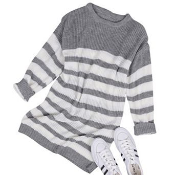 Women's Striped Long Sleeve Knit Sweater Dress with Relaxed Fit