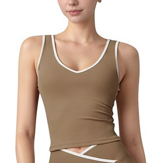 Women's Contrast Trim Cropped Tank Top with Scoop Neck and Stretch Fit for Yoga and Everyday Wear