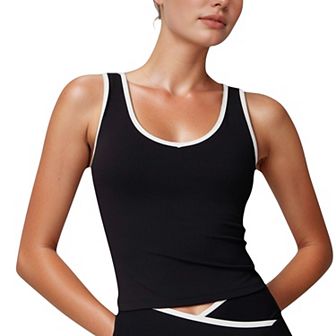 Women's Contrast Trim Cropped Tank Top with Scoop Neck and Stretch Fit for Yoga and Everyday Wear