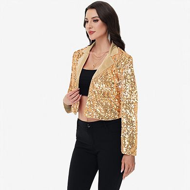 Women's Sequin Cropped Blazer Long Sleeve Sparkly Open Front Jacket