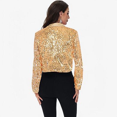 Women's Sequin Cropped Blazer Long Sleeve Sparkly Open Front Jacket