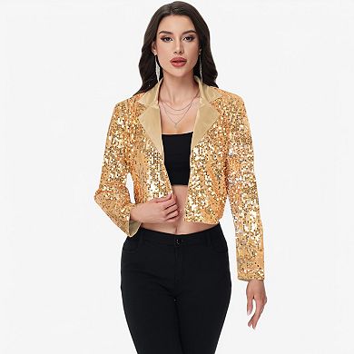 Women's Sequin Cropped Blazer Long Sleeve Sparkly Open Front Jacket