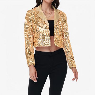 Women's Sequin Cropped Blazer Long Sleeve Sparkly Open Front Jacket
