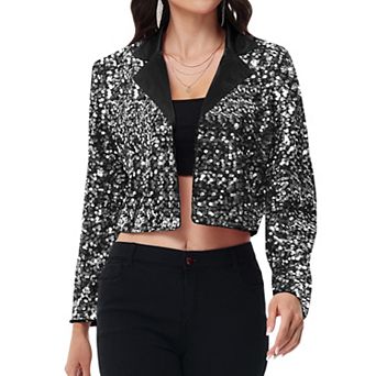 Women's Sequin Cropped Blazer Long Sleeve Sparkly Open Front Jacket