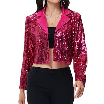 Women's Sequin Cropped Blazer Long Sleeve Sparkly Open Front Jacket