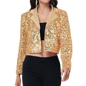 Women's Sequin Cropped Blazer Long Sleeve Sparkly Open Front Jacket