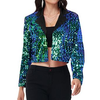 Women's Sequin Cropped Blazer Long Sleeve Sparkly Open Front Jacket