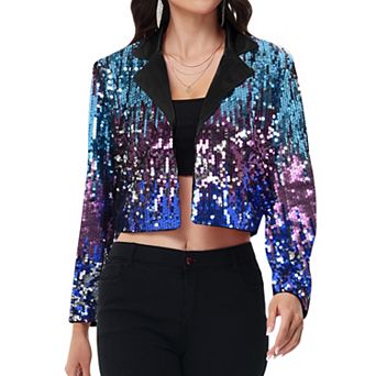 Women's Sequin Cropped Blazer Long Sleeve Sparkly Open Front Jacket