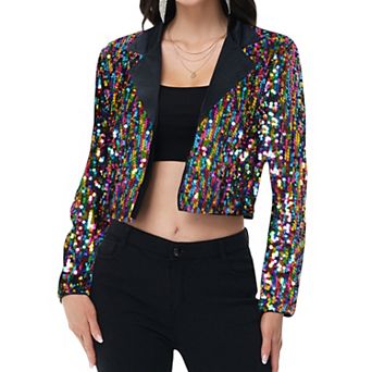 Women's Sequin Cropped Blazer Long Sleeve Sparkly Open Front Jacket