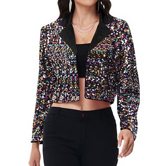 Women's Sequin Cropped Blazer Long Sleeve Sparkly Shine Open Front Jacket