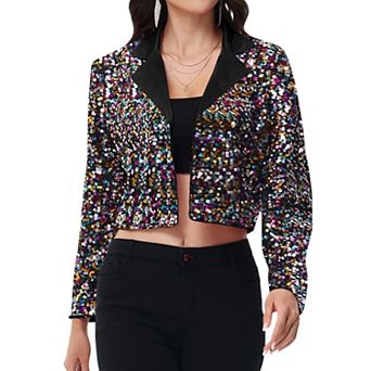 Women's Sequin Cropped Blazer Long Sleeve Sparkly Open Front Jacket