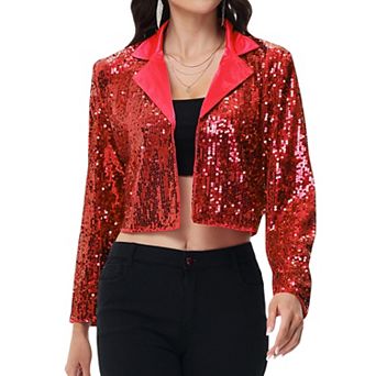 Women's Sequin Cropped Blazer Long Sleeve Sparkly Open Front Jacket