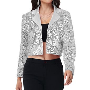 Women's Sequin Cropped Blazer Long Sleeve Sparkly Open Front Jacket