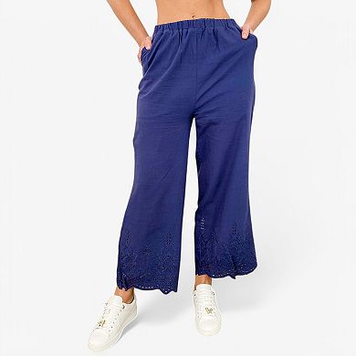 Women's Wide Leg Cropped Pants with Elastic Waist and Eyelet Hem