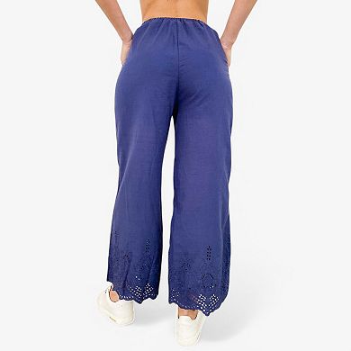Women's Wide Leg Cropped Pants with Elastic Waist and Eyelet Hem