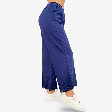 Women's Wide Leg Cropped Pants with Elastic Waist and Eyelet Hem