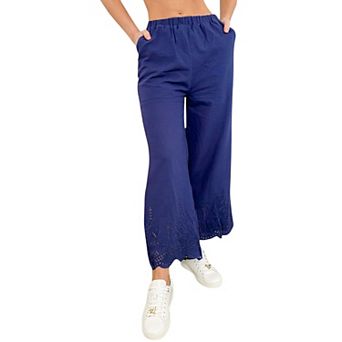 Women's Wide Leg Cropped Pants with Elastic Waist and Eyelet Hem