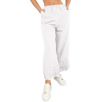 Women's Wide Leg Cropped Pants with Elastic Waist and Eyelet Hem