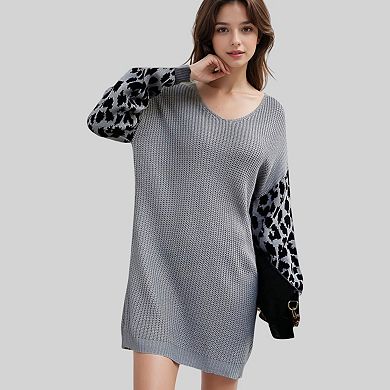Women's Leopard Print Sleeve Knit Tunic Sweater