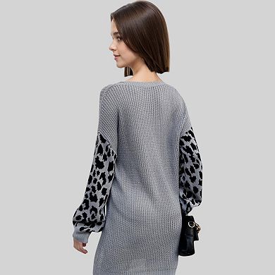 Women's Leopard Print Sleeve Knit Tunic Sweater