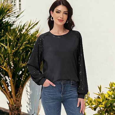 Women's Casual Sequin Ballon Long Sleeve Blouse Loose Round Neck Matching Top Party