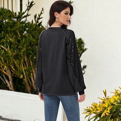 Women's Casual Sequin Ballon Long Sleeve Blouse Loose Round Neck Matching Top Party
