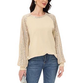 Women's Casual Sequin Ballon Long Sleeve Blouse Loose Round Neck Matching Top Party