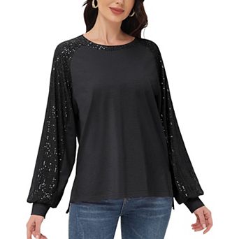 Women's Casual Sequin Ballon Long Sleeve Blouse Loose Round Neck Matching Top Party