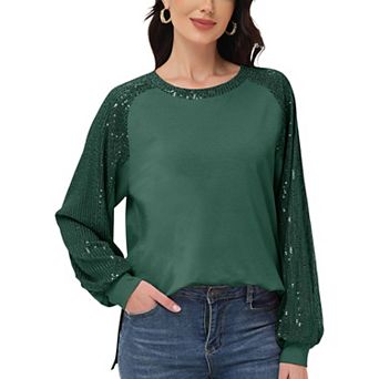 Women's Casual Sequin Ballon Long Sleeve Blouse Loose Round Neck Matching Top Party