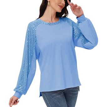 Women's Casual Sequin Ballon Long Sleeve Blouse Loose Round Neck Matching Top Party