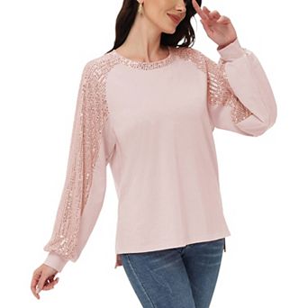 Women's Casual Sequin Ballon Long Sleeve Blouse Loose Round Neck Matching Top Party