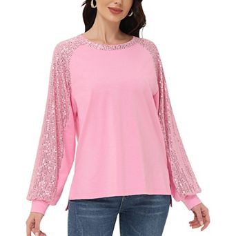 Women's Casual Sequin Ballon Long Sleeve Blouse Loose Round Neck Matching Top Party